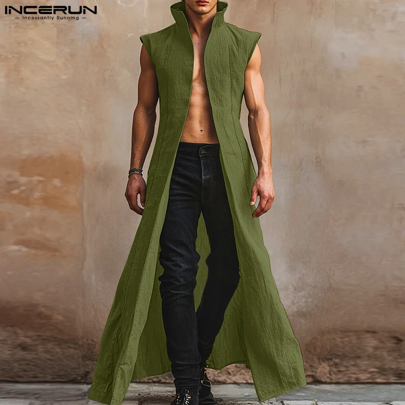 INCERUN Men Long Sleeve Shirts Solid Stand Collar Sleeveless Casual Male Cardigan Streetwear 2025 Fashion Open Stitch Outerwear