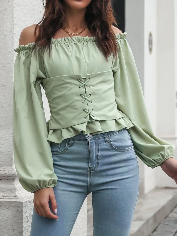 Slash Neck Women Blouse Solid Color Front Tie Off Shoulder Bandage Shirt Chiffon Top Slim Lantern Sleeve Solid Blouses Tops