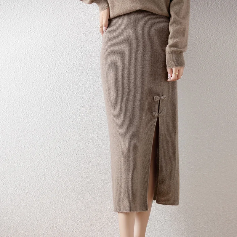 

Fashionable and stylish women's Australian wool skirt, solid color knitted women's long skirt, hot selling in autumn and winter