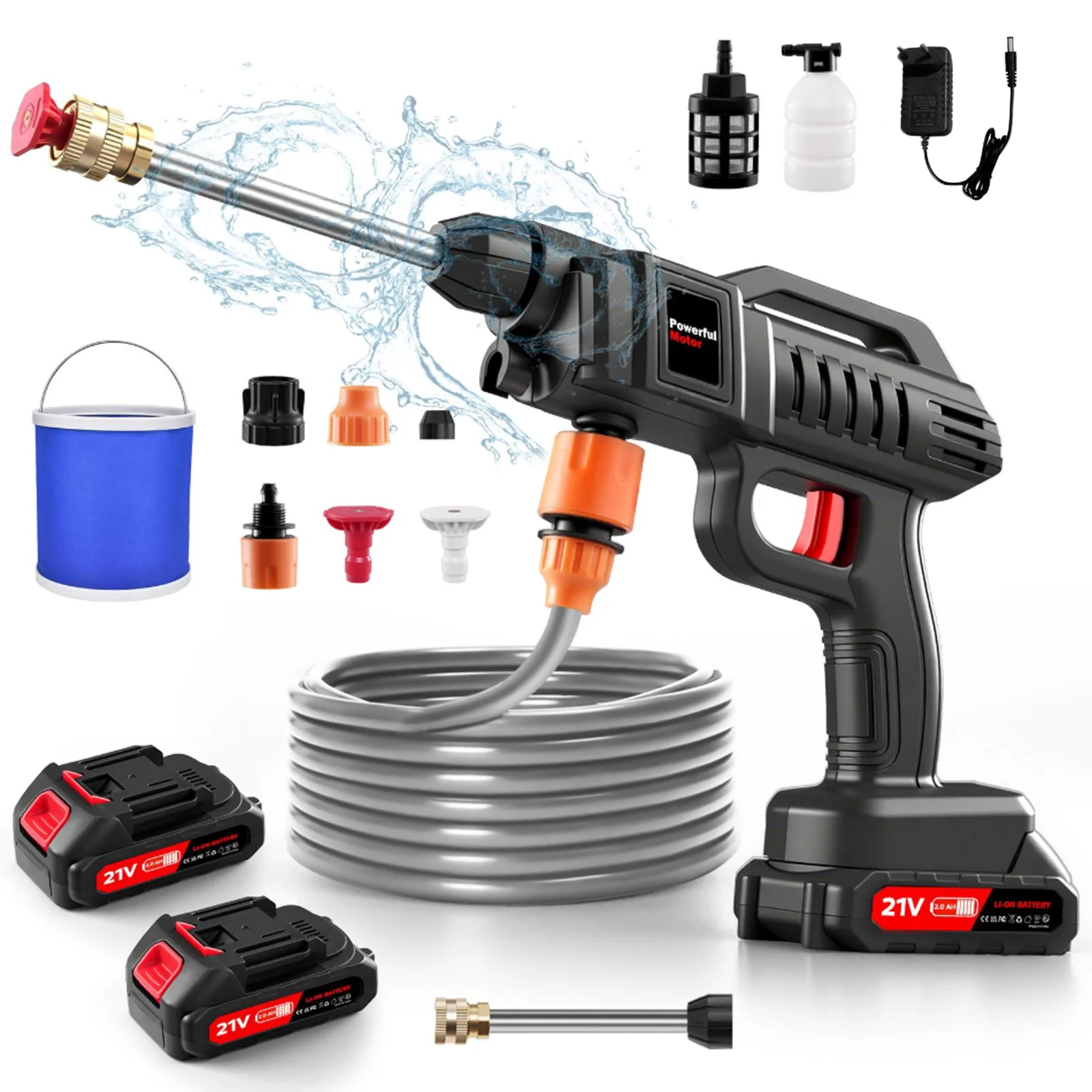 1500W Kabelloser Hochdruckreiniger 60Bar Tragbarer Autowäscher mit 2 Akkus Schaumkanone Düsen-Set für Garten Terrasse Außenreinigung