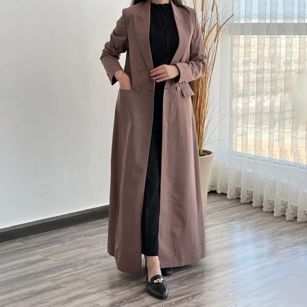 Chic Solid Abaya Blazer Fashion Double Breasted Peak Lapel Long Coat 1 Piece Luxury Dubai Muslim Daily Casual Outerwears