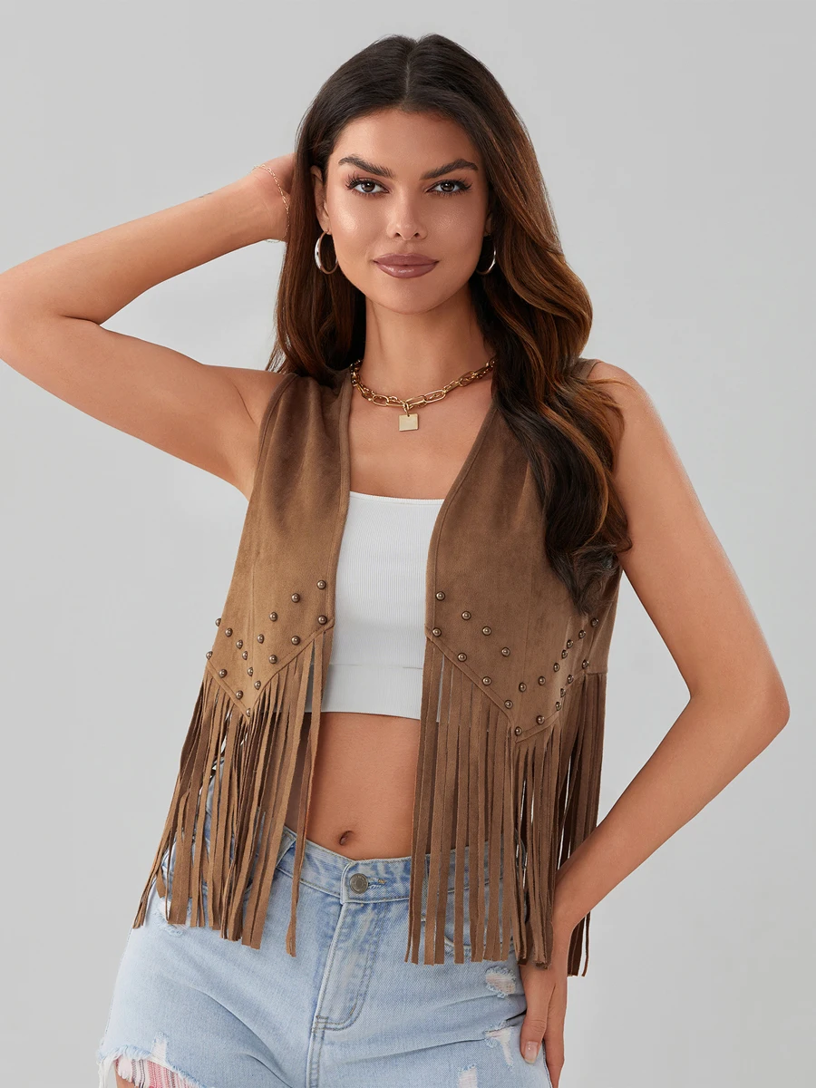 HzDazrl Women Fringe Vest Open Front Rivets Tassel Sleeveless Vest Coat Vintage Cowgirl Hippie Casual Jacket Outwear