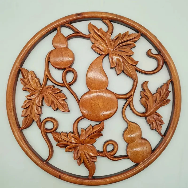 Round Camphor Wood Wall Hanging 3D Relief Lucky Pattern Ornament Living Room Handicraft Decoration 380mm Diameter Pendant