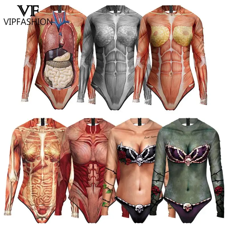 VIP FASHION Funny Human Body 3D Print Halloween Scary Party Cosplay Bodysuit For Women Costumes Playsuits Overalls