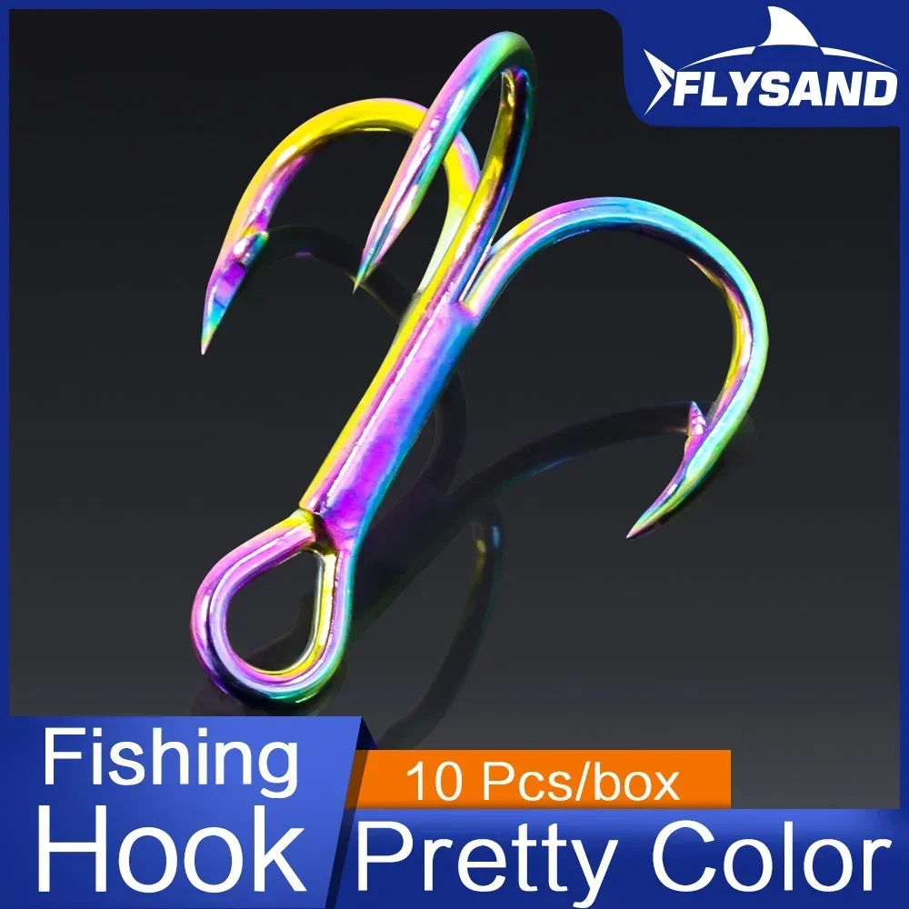 FLYSAND 10Pcs Box Treble Fishing Hooks Stainless Steel for Saltwater Freshwater Rainbow Triple Anchor Hooks Sizes 4 6 8 10