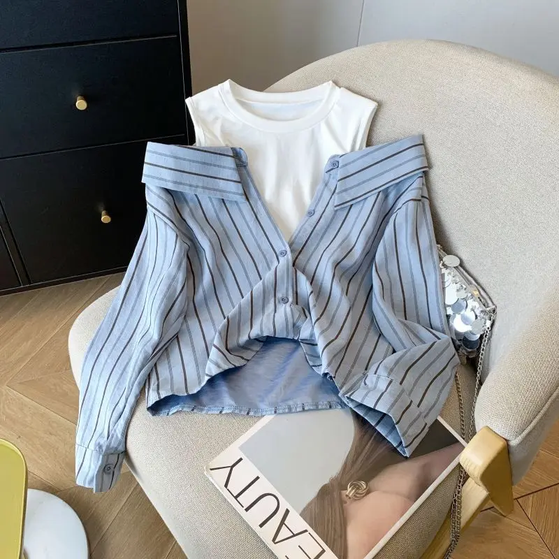 

Retro Hong Kong Sle Striped Patchwork Fake Two-Piece irt Women's Spring Autumn New oulder Exposure Design Unique Small ...