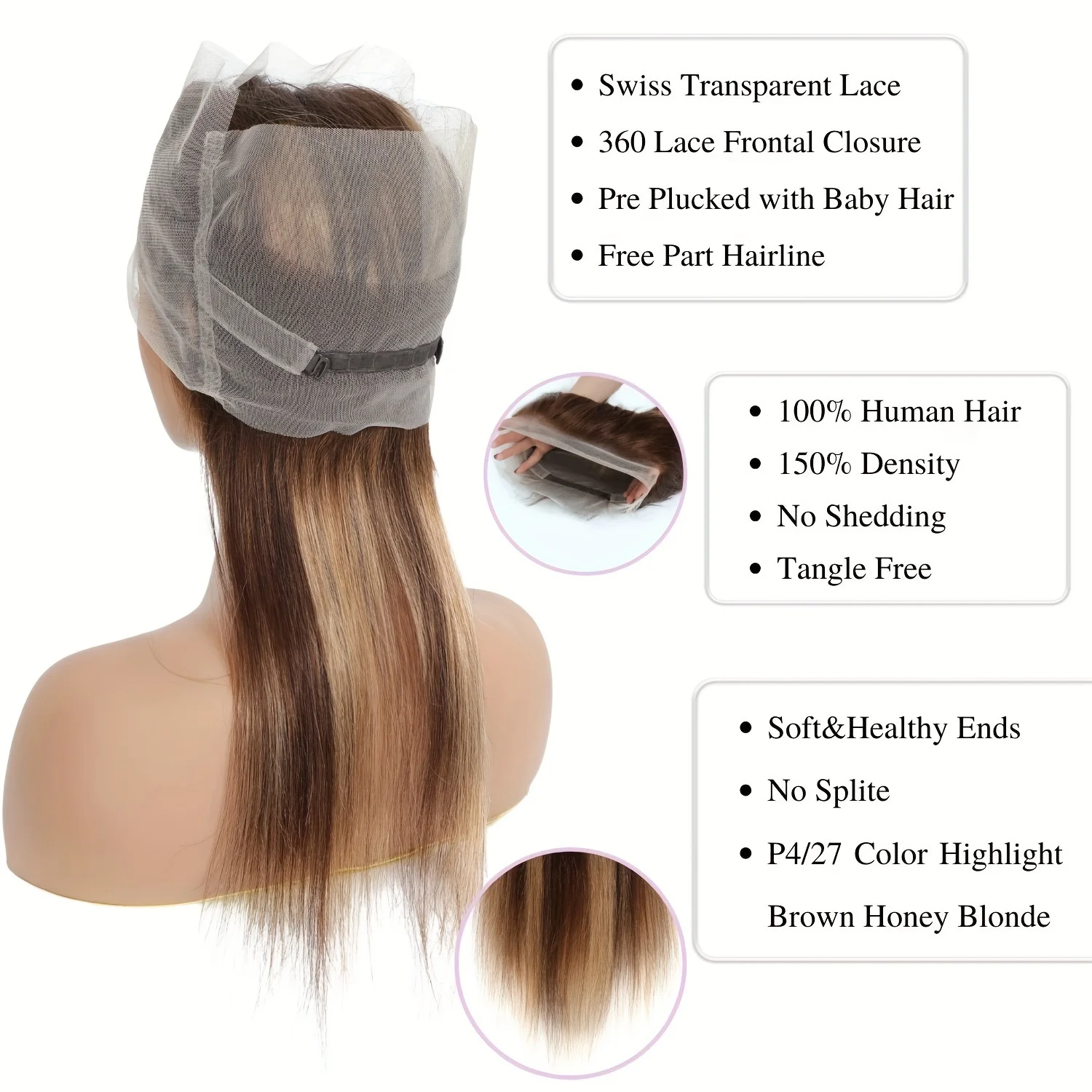 Highlight 360 Lace Frontal Only Ombre Brown Honey Blonde 360 Lace Closure Straight P427 Color Human Hair Extensions