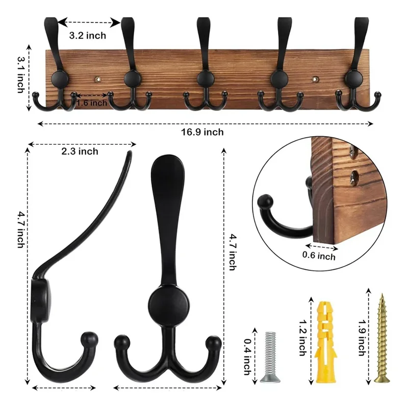 HHO-For Hanging Coat, Racks 2 Pack Wall Mount 16.8" Rustic Hat Rack Farmhouse Style Wall Hooks For Hanging Clothes, Bags Towels