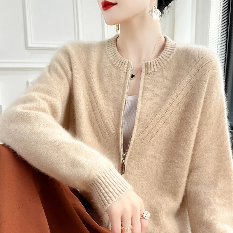

Fashion Women 100% Merino Wool Double Zipper Knit Cardigan Long Sleeves Cashmere Casual Solid Color Soft Warm Clothing Top