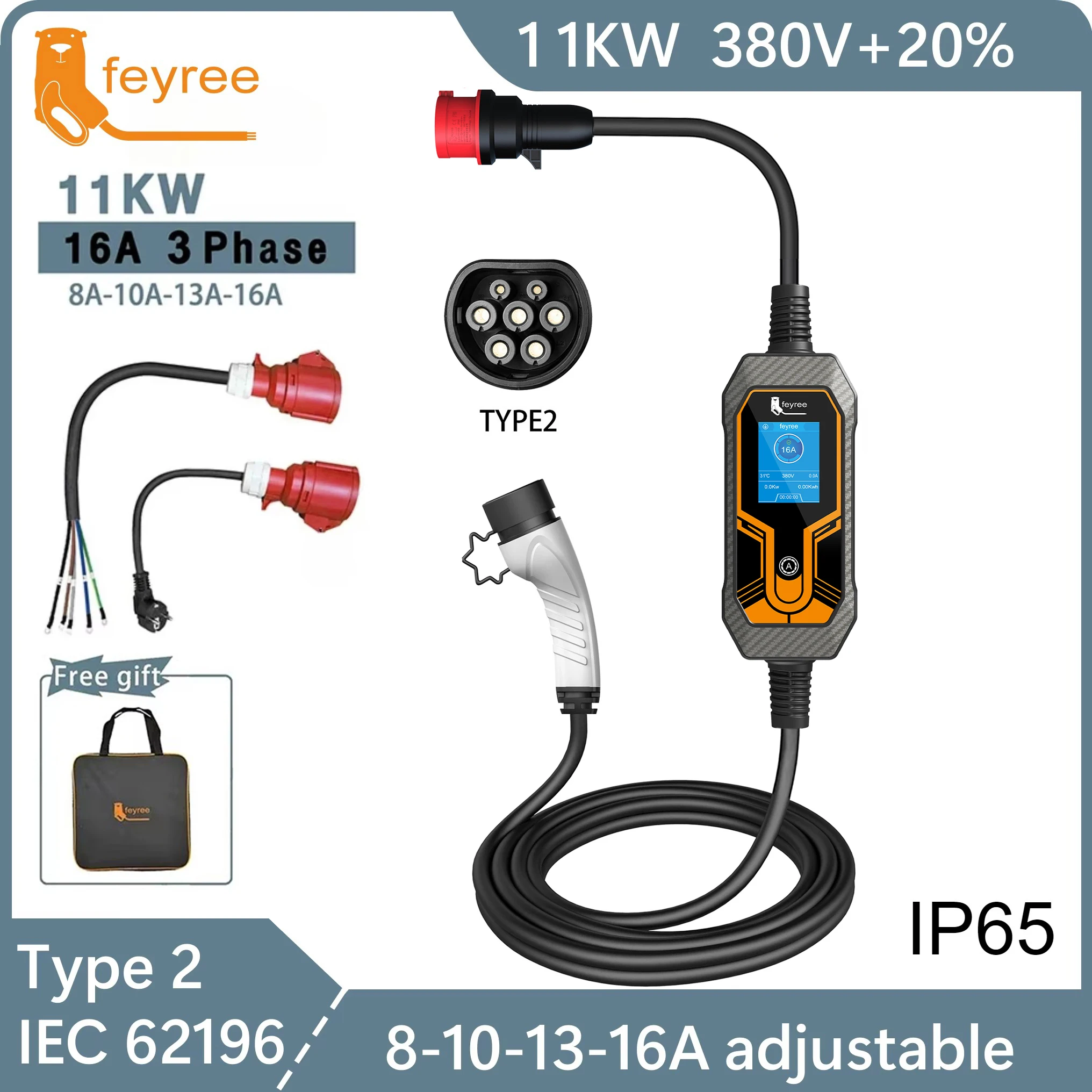 Feyree EV Caricatore portatile 11KW 16A 3 fasi Type2 5M Cavo EVSE Scatola di ricarica Caricatore per auto elettrica Spina CEE per veicolo elettrico