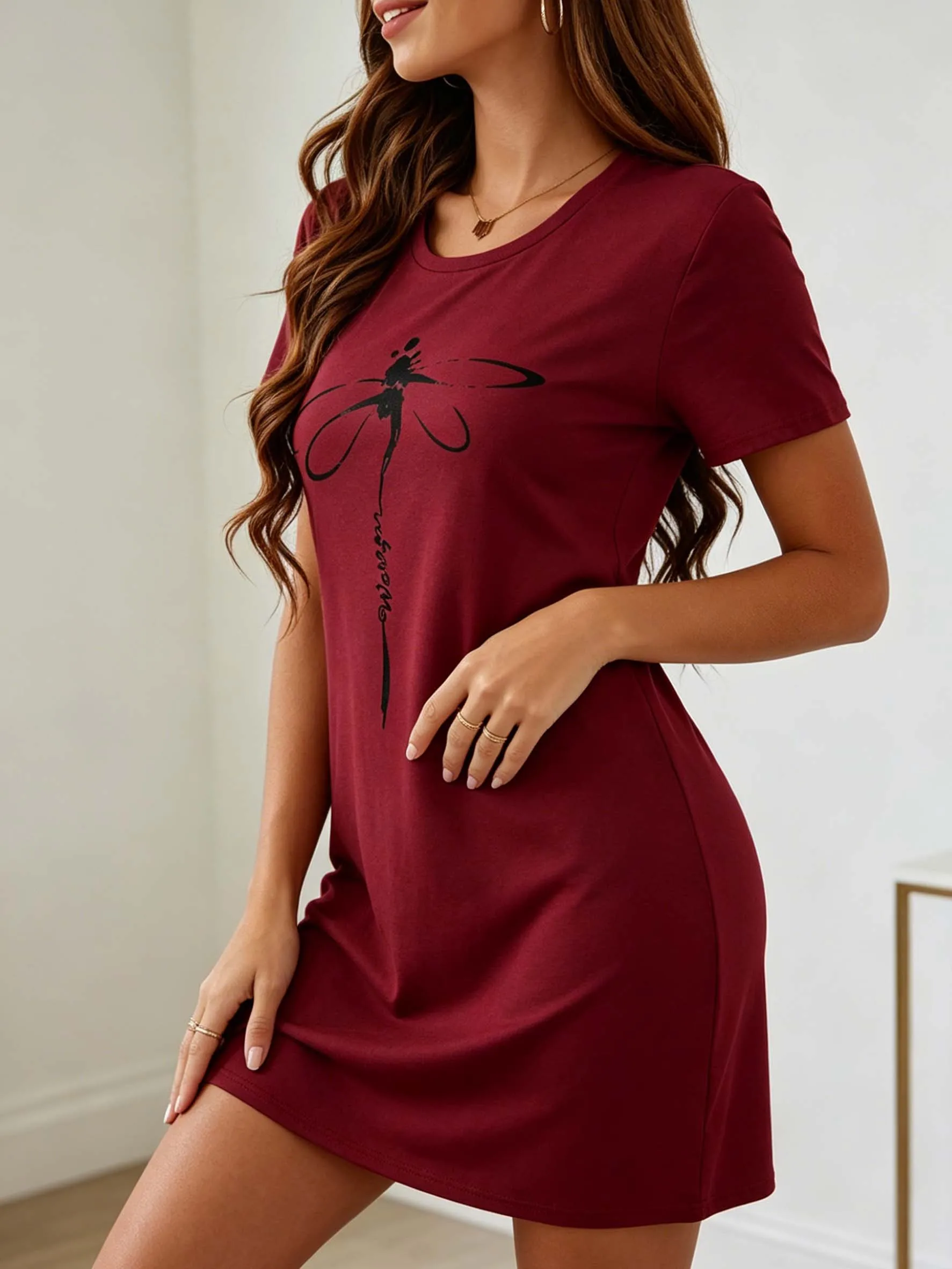 Lässiges Kurzarm-Nachthemd mit Libellen-Print für Damen, Modische Sommer-Heimkleidung, Auch für Draußen Tragbar – Detail 2