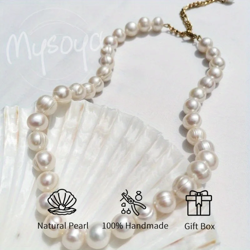 

MYSOYA 10-11mm Natural White Freshwater Pearl Necklace For Women And Men With Gift Box Birthday Wedding Anniversary Jewelry