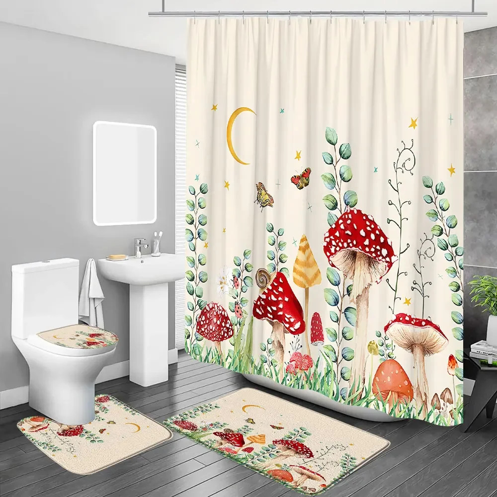 Mushroom Butterfly Flower Shower Curtain Moon Stars Bathroom Curtain Set with Hooks Fabric Washable Bath Curtains Bathroom Decor