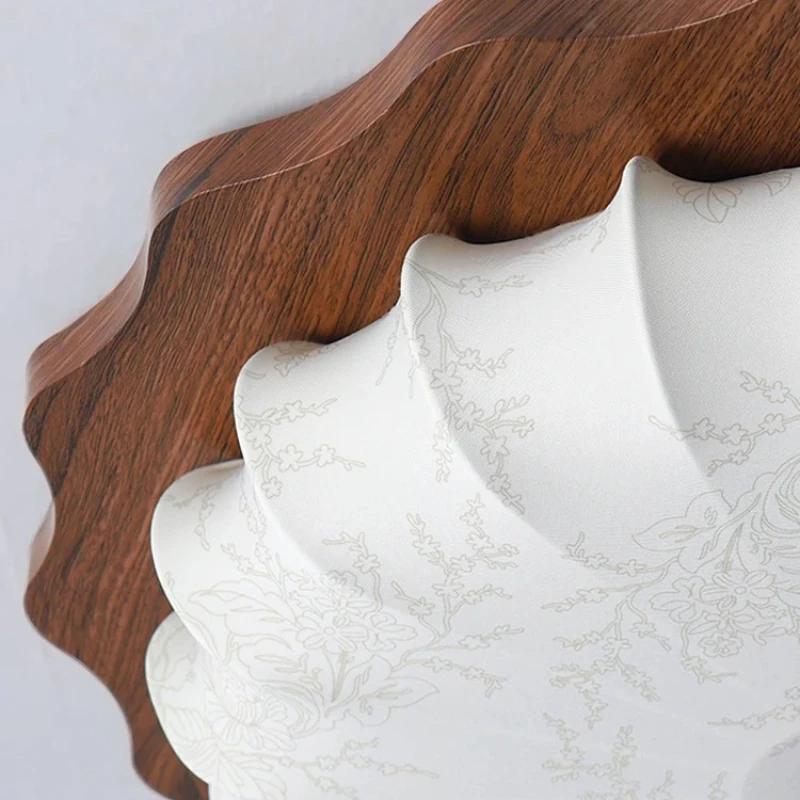 Japan Vintage Rotundity Wooden Ceiling Light White Printing Fabric Lampshade Living Room Bedroom Restaurant Kitchen Hanging Lamp