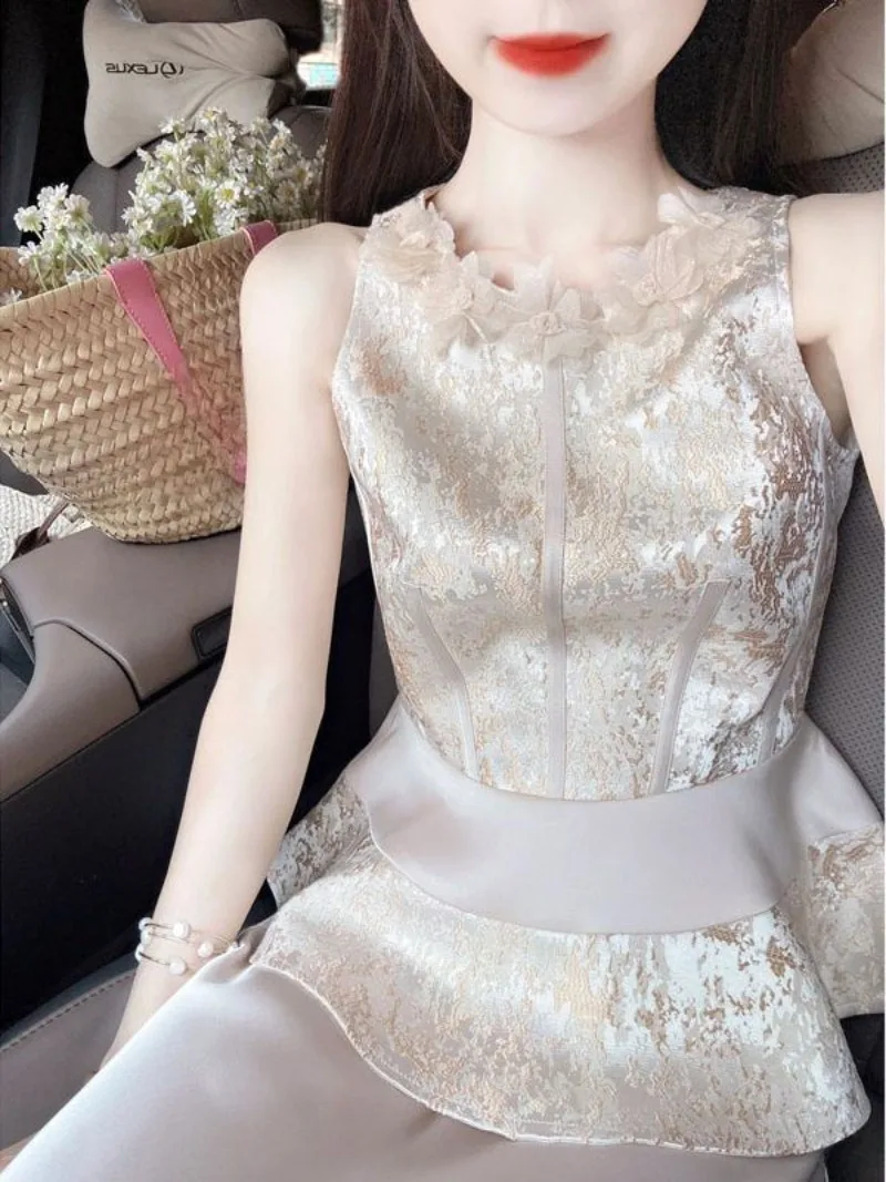 

New Luxury Chinese Style Summer Women's Suit LaceSleeveless Fashion jacquard Patchwork Slim Top + Satin A-line Skirt 2 Piece Set