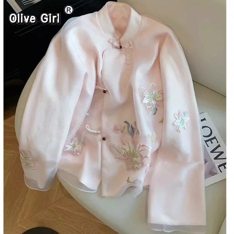 

Olivegirl Women's Pink Coat Blue Embroidered Flower Chiffon Jacket 2026 Spring Luxury High-end Gentle Fairy Temperament Top