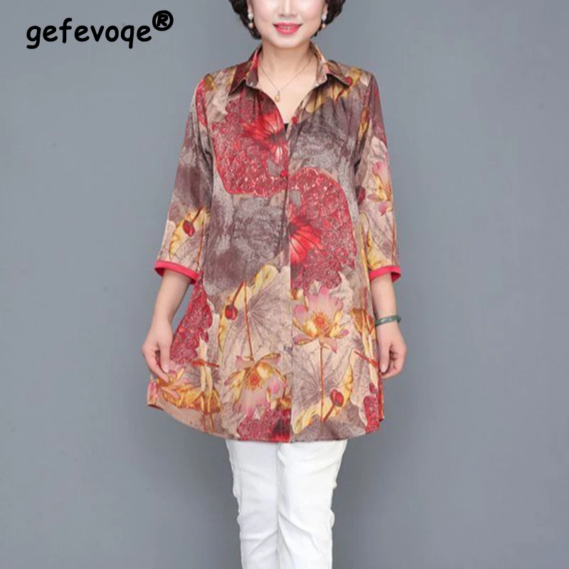 חולצת פולו-צוואר אופנה בקיץ חולצת הדפסה אלגנטית שרוול 3/4 נשים רופף חולצות קרדיגן נשים