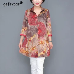 Summer Fashion Polo-neck Elegant Printing Shirt Female 3/4 Sleeve Loose All-match Cardigan Tops Women Oversized Casual Blouse