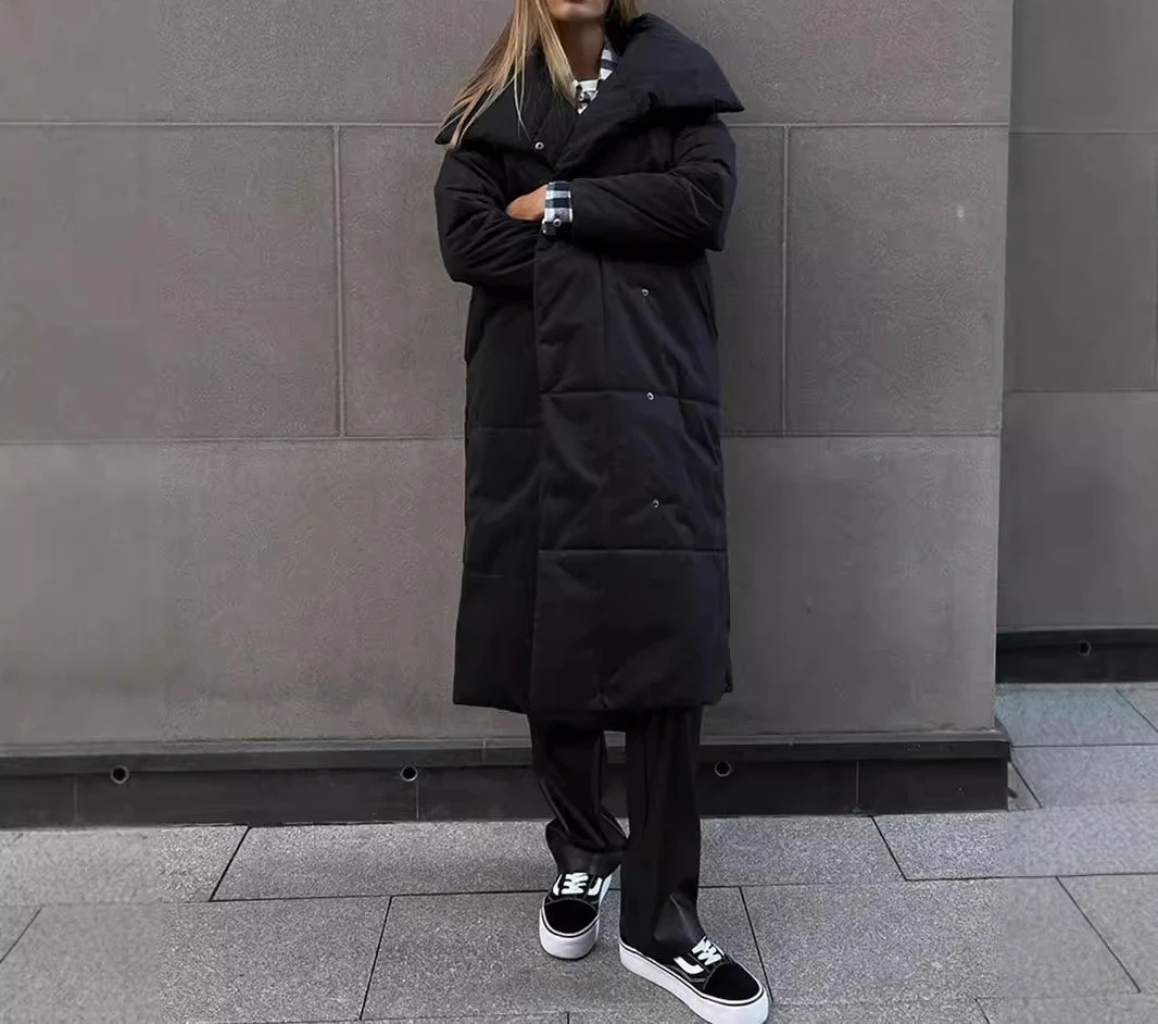 Long Cotton-padded Jacket sashes Coat Europe and America 2024 Autumn Winter New Loose Casual Warm Long Collar Cotton Jacket