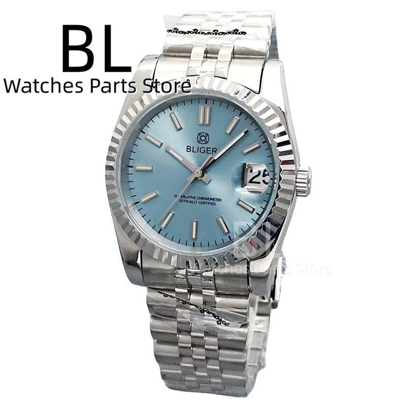 BLIGER NH35A Mechanical Watch For Men 36mm/39mm Fluted Bezel Sapphire Crystal Black Blue Green RED Pink Dial Green Luminous Date