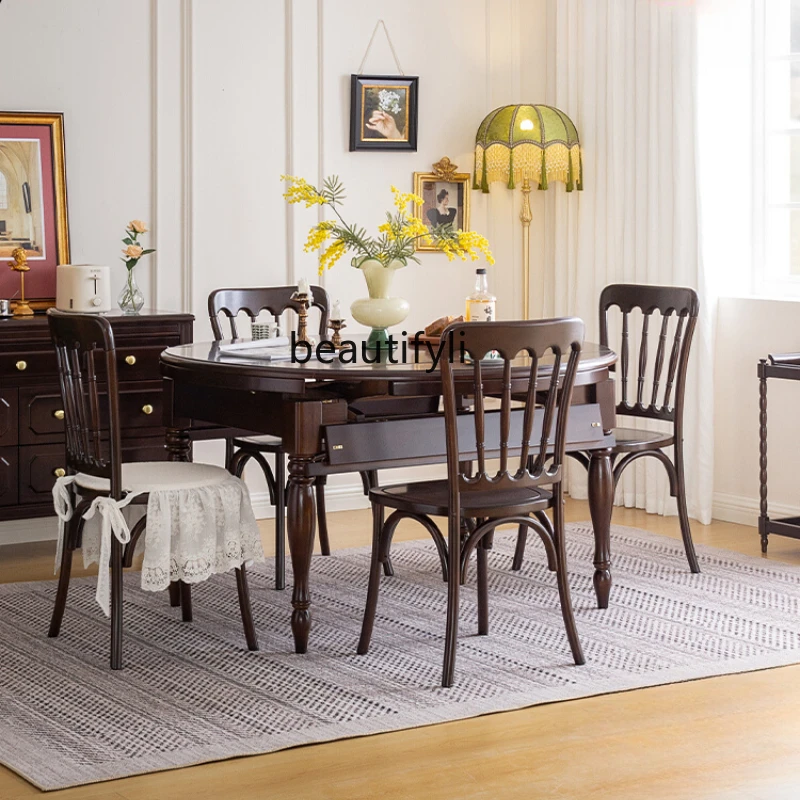 Q132 French Entry Lux Solid Wood Folding Dining Table Deformation round Table Retro Retractable round Household