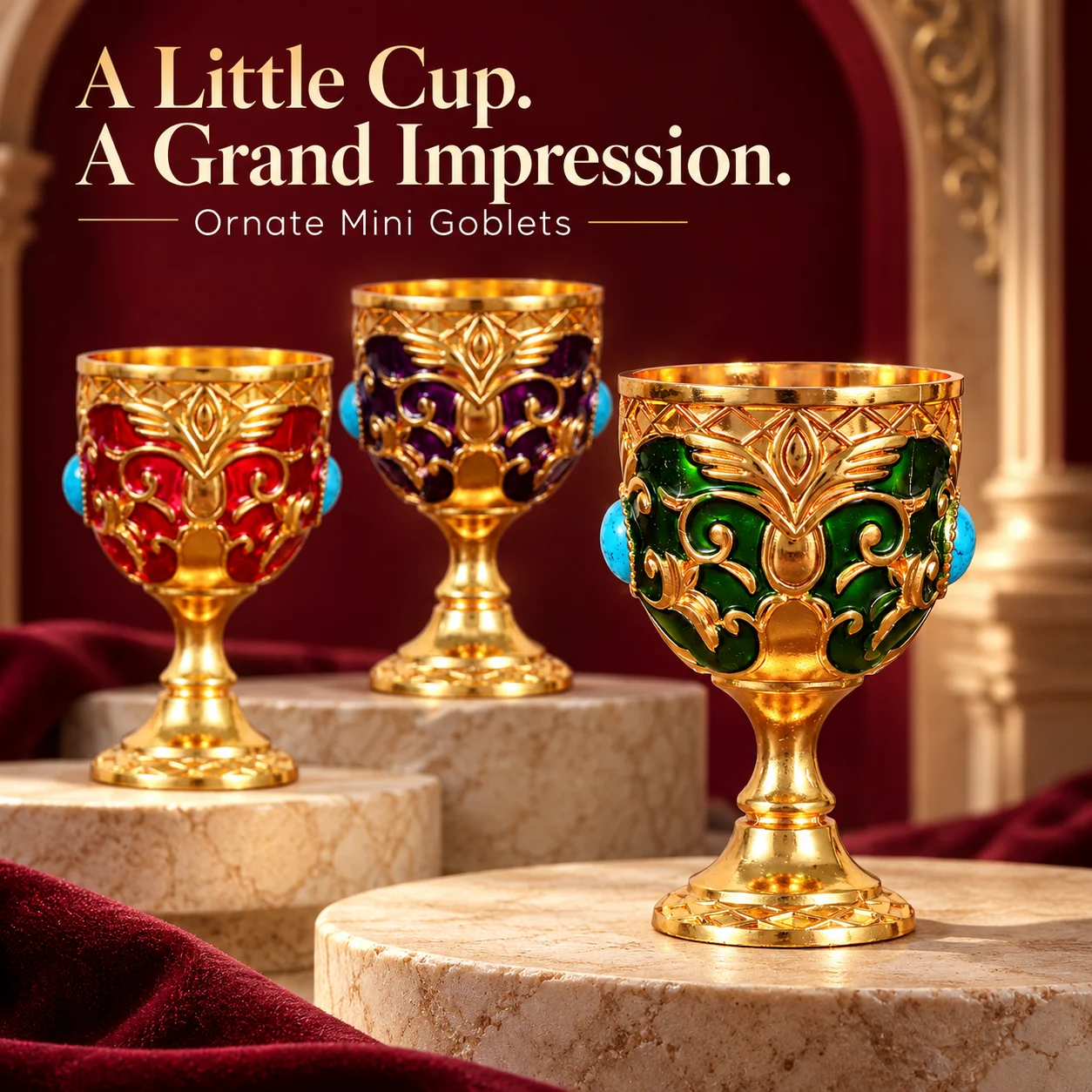 Vintage Mini Goblet Cup Gold Tone Ornate Metal Shot Glass with Blue Decorative Stones Retro Table Decor