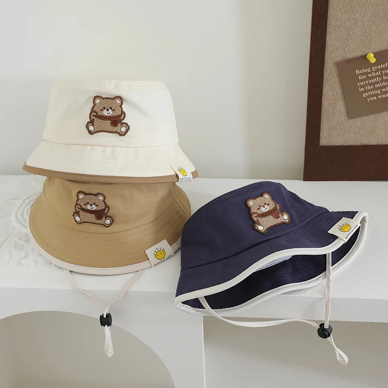 

Cartoon Bear Baby Bucket Hat Cute Solid Color Fisherman Cap Kids Summer Wide Brim Basin Hats Toddler Sun Hats