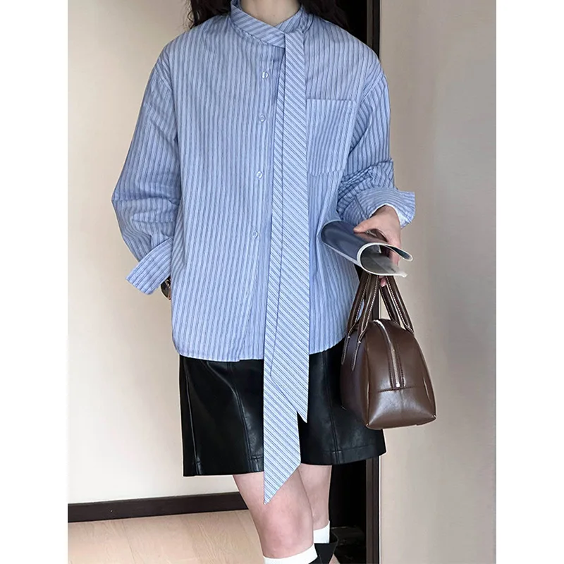 

Bow Tied Blue Striped Shirt for Women's 2024 Spring Loose Design, Niche Shirt