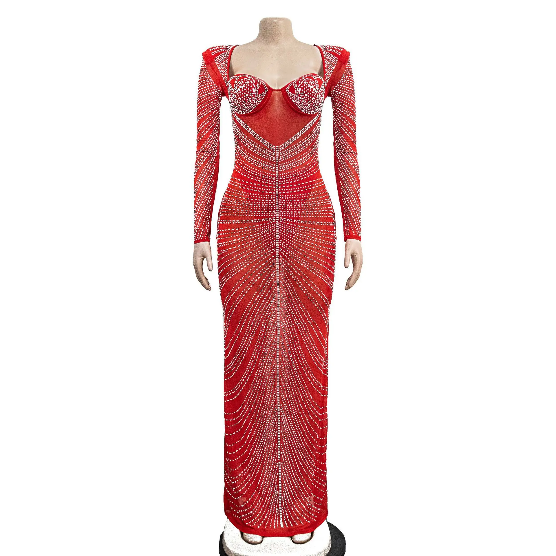 ใหม่แฟชั่นเซ็กซี่แขนยาวสแควร์คอเลื่อมตาข่าย SHEER สีทึบ SLIM FIT Sheath ความยาวชุดผู้หญิง,4 สี