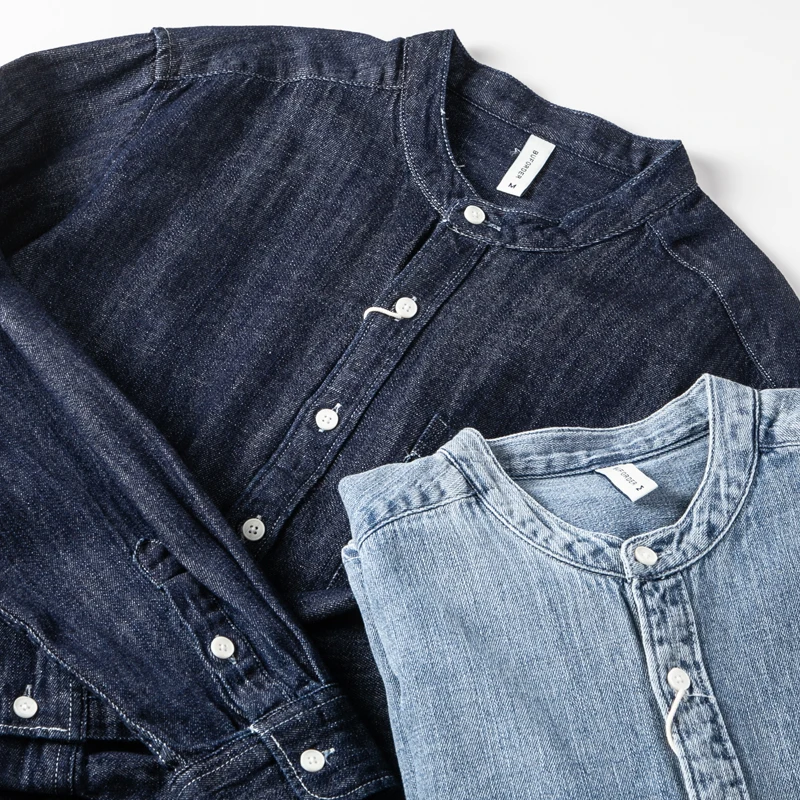 Мужская джинсовая рубашка с длинным рукавом, Повседневная Свободная потертая рубашка из денима без воротника в японском винтажном стиле, рабочая одежда для молодежи, весна-осень 2024