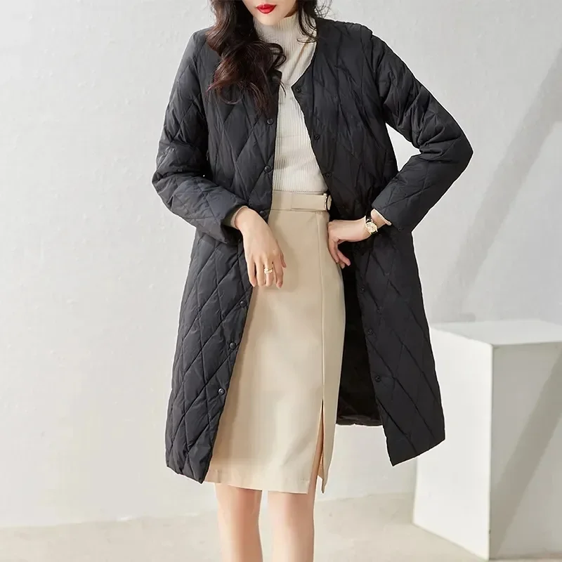 Winter New Korean Fashion Cotton Coat Round Neck Long Sleeve Inner Lining Medium Length Lightweight and Slim Cotton Dress Women