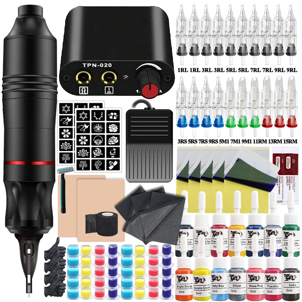 

Complete Tattoo Pen Kit Tattoo Machine Kit with Tattoo Power Supply Cartridge Needles Ink Permanent Makeup for Tattoo Beginners