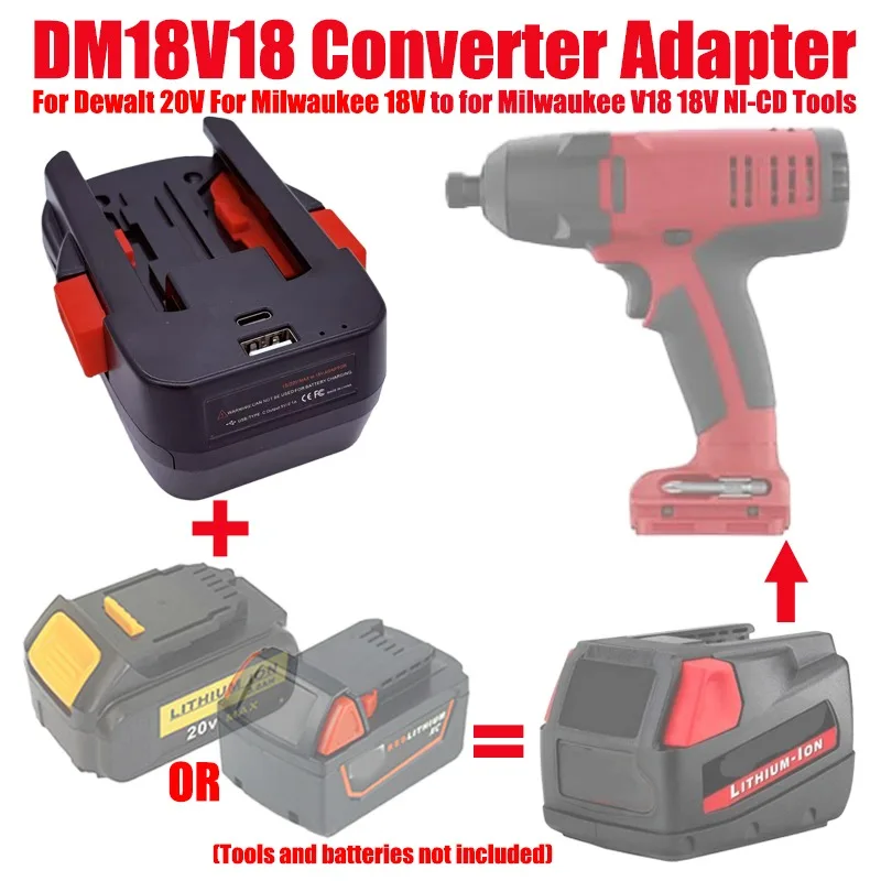 DM18V18 Adapter for Milwaukee 18V for Dewalt 20V Battery To for Milwaukee V18 48-11-1830 48-11-2230 18V NI-CD Tool with USB Port