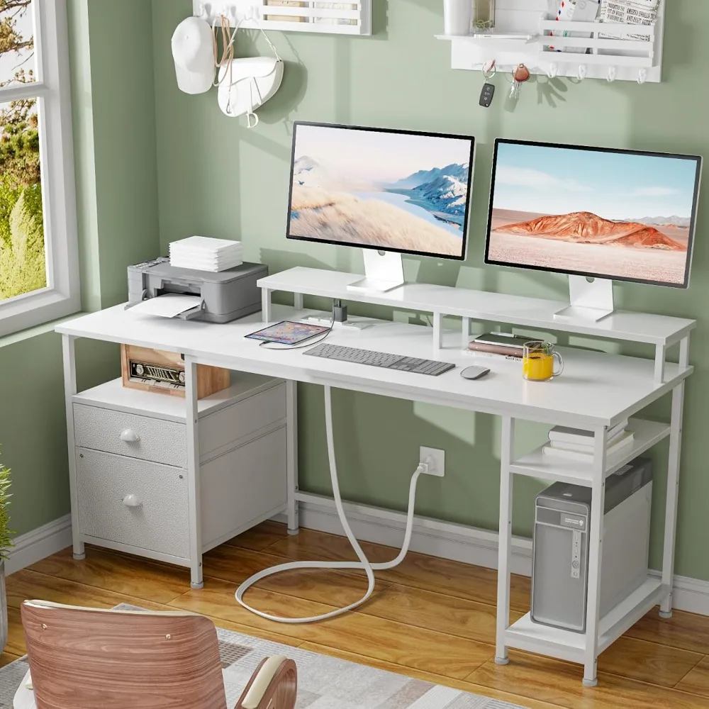 Furologee 61" Desk with LED Light & Power Outlets, Reversible Computer Desk with File Cabinet & Drawer, White Gamin