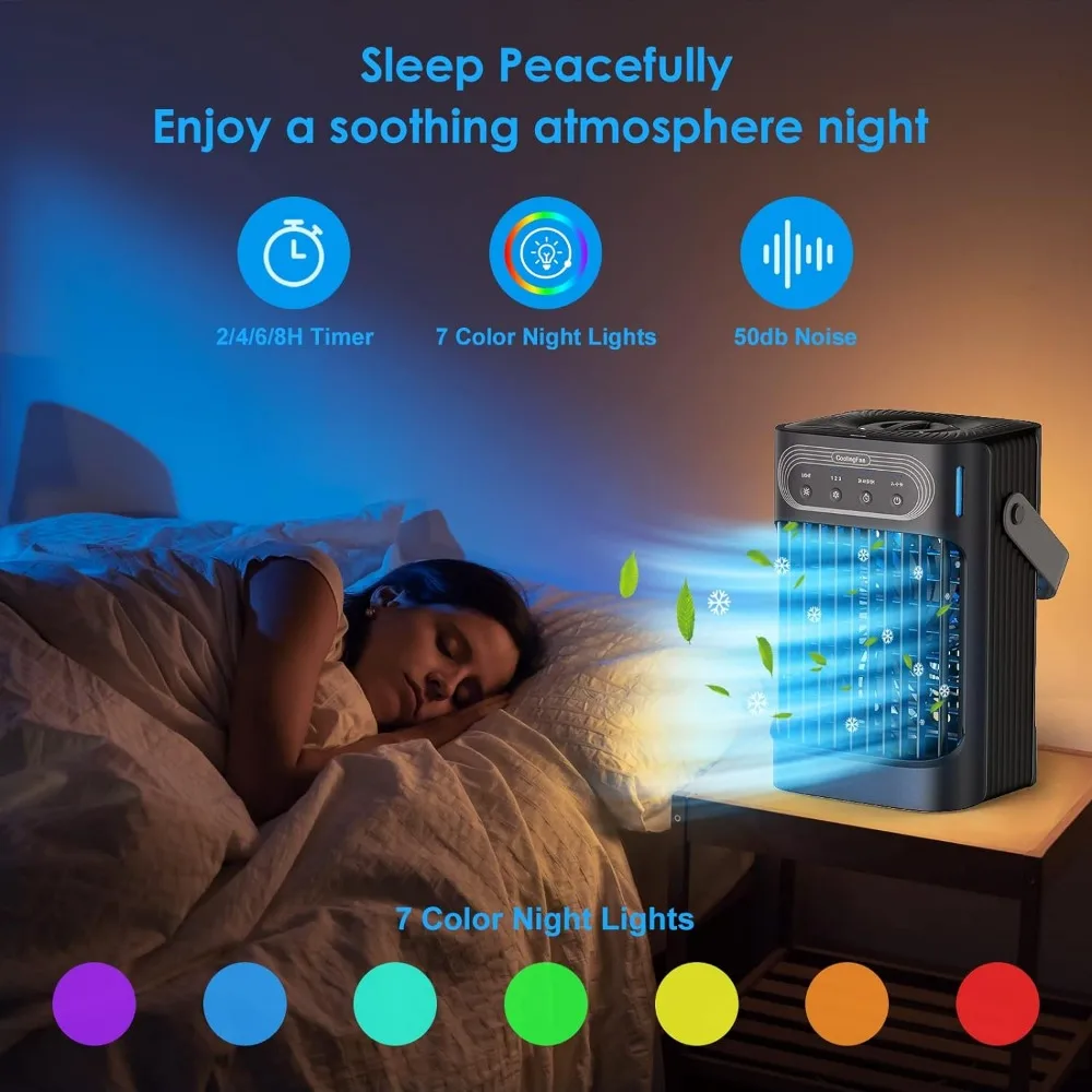 Portable Air Conditioners Cooling Fan, Evaporative Mini Air Conditioner Portable with 3 Cool Mist & Speeds, 7 Night Light &Timer