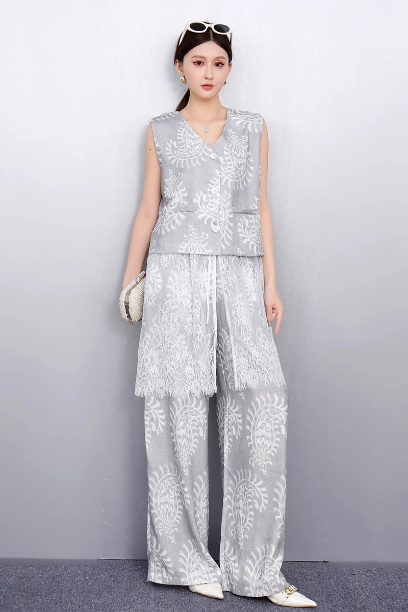 

2024, весна-лето, модный элегантный женский свободный жилет с v-образным вырезом, топ, широкие брюки, комплект из двух предметов, оптовая продажа J1144