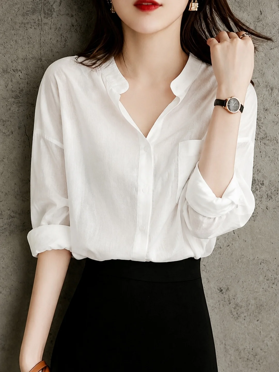 Elegant Pure Color Shirt Simple Design Single Button Korean Style Commute Straight Tube Long Sleeve Autumn Fashion Slim Fit