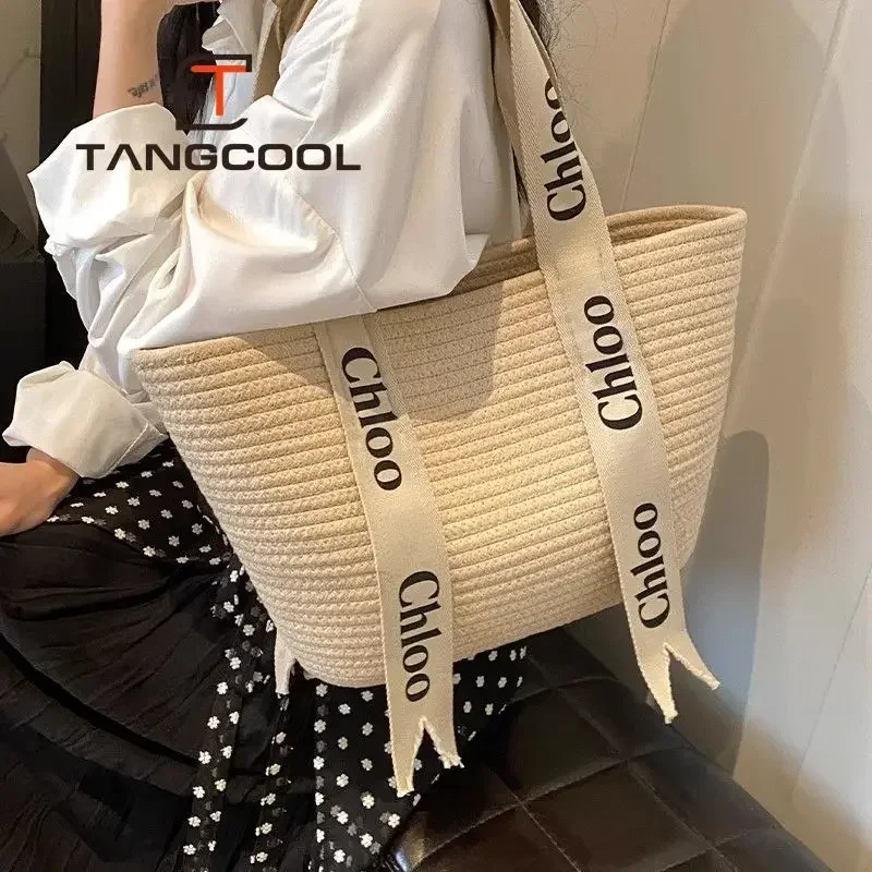 2024Fashion Design Women's Handbag Holiday Style Letter Ribbon Grass Woven Shoulder Bag Beach Vacation New Knitted Crossbody Bag