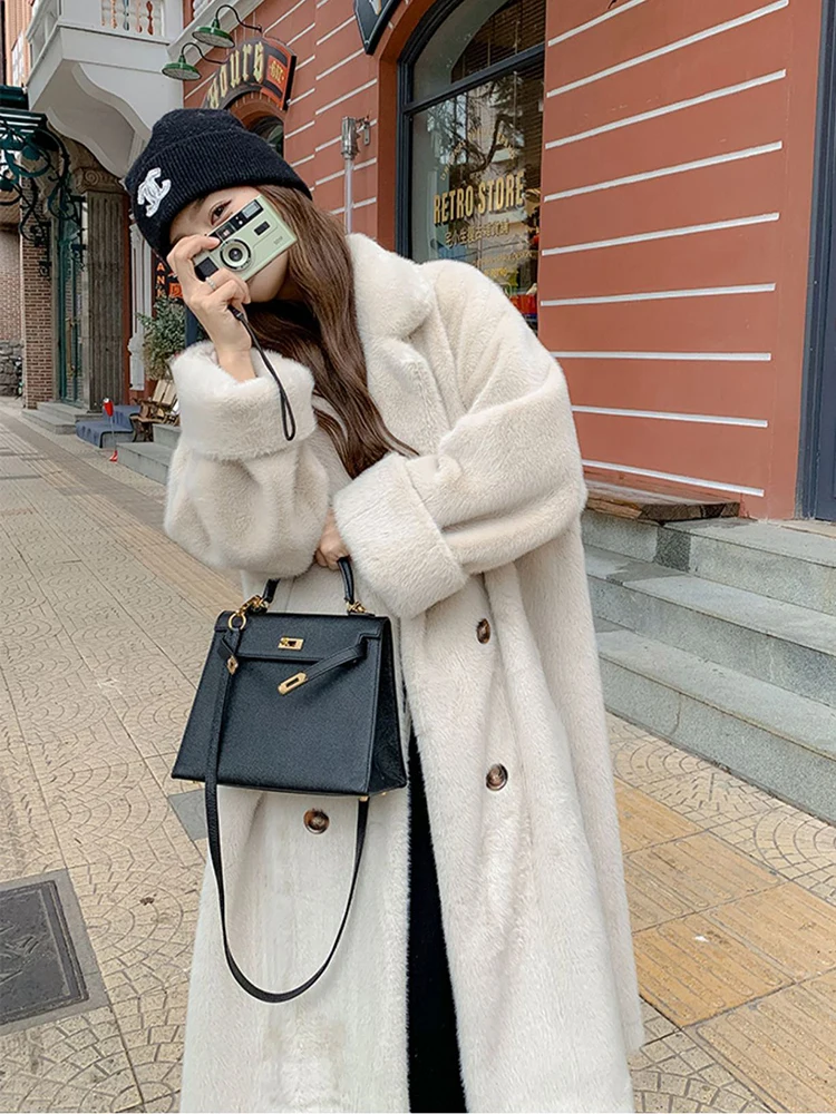 Autumn Winter Thick Long Imitation Jacket Coat Mink Fur Coat for Women Lapel Collar Plush Shearling Protection Faux Fur Jacket