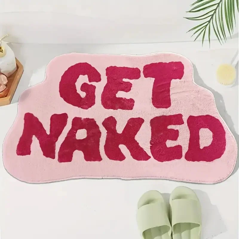 VIKAMA Pink Wavy Irregular Bath Mat GET NAKED Letter Print Soft Fluffy Water Absorbent Non Slip Washable Bathroom Floor Rug