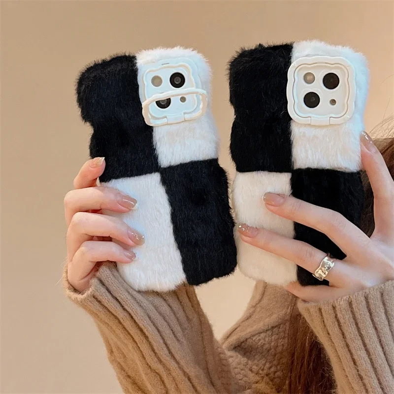 Cute Warm Winter Plush Fur Cover Soft Phone Case for Huawei P40 P50 P60 Pro Pura 70 Pro Fluff Toy Camera Protect Cover Cases