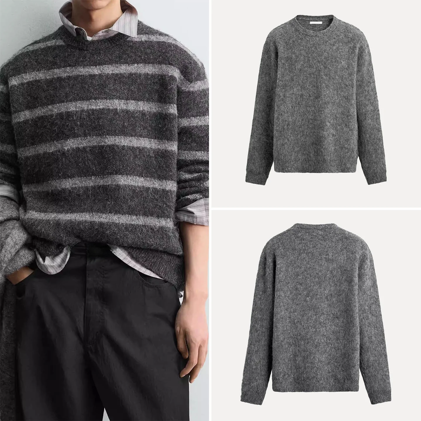 

2025 Winter New Men's Faionable All-Match Two-Color Fading Stripe Long Sve round Ne Knitted Sweater Casual Sle Warmth