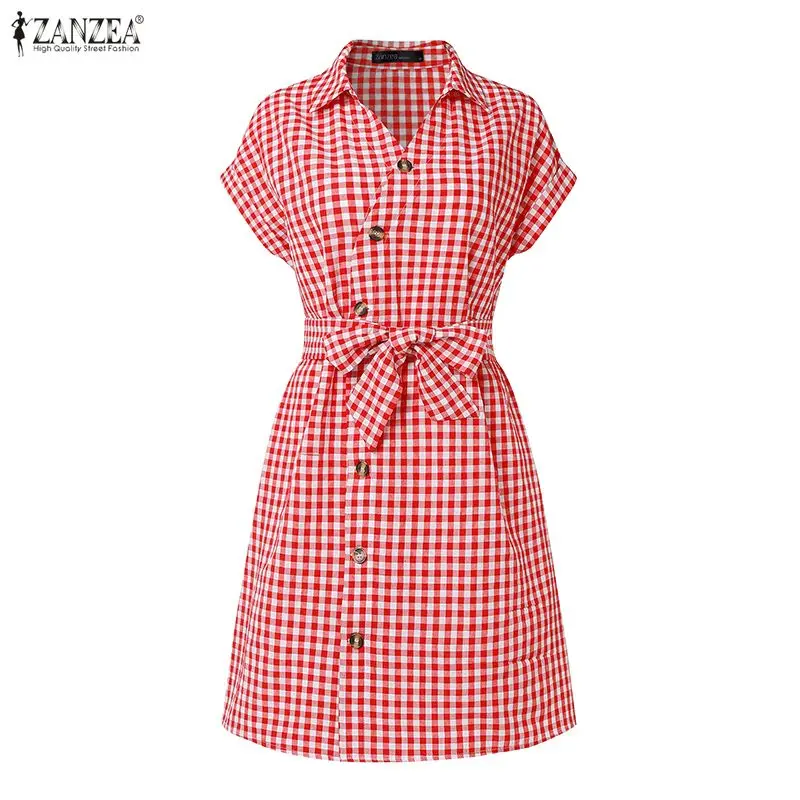 2026 ZANZEA Sommer-Sonnenkleid für Damen mit Reverskragen, Kurzarm, Kariertes Minikleid, Elegantes Freizeit- und Arbeitskleid mit Gürtel, Vestido
