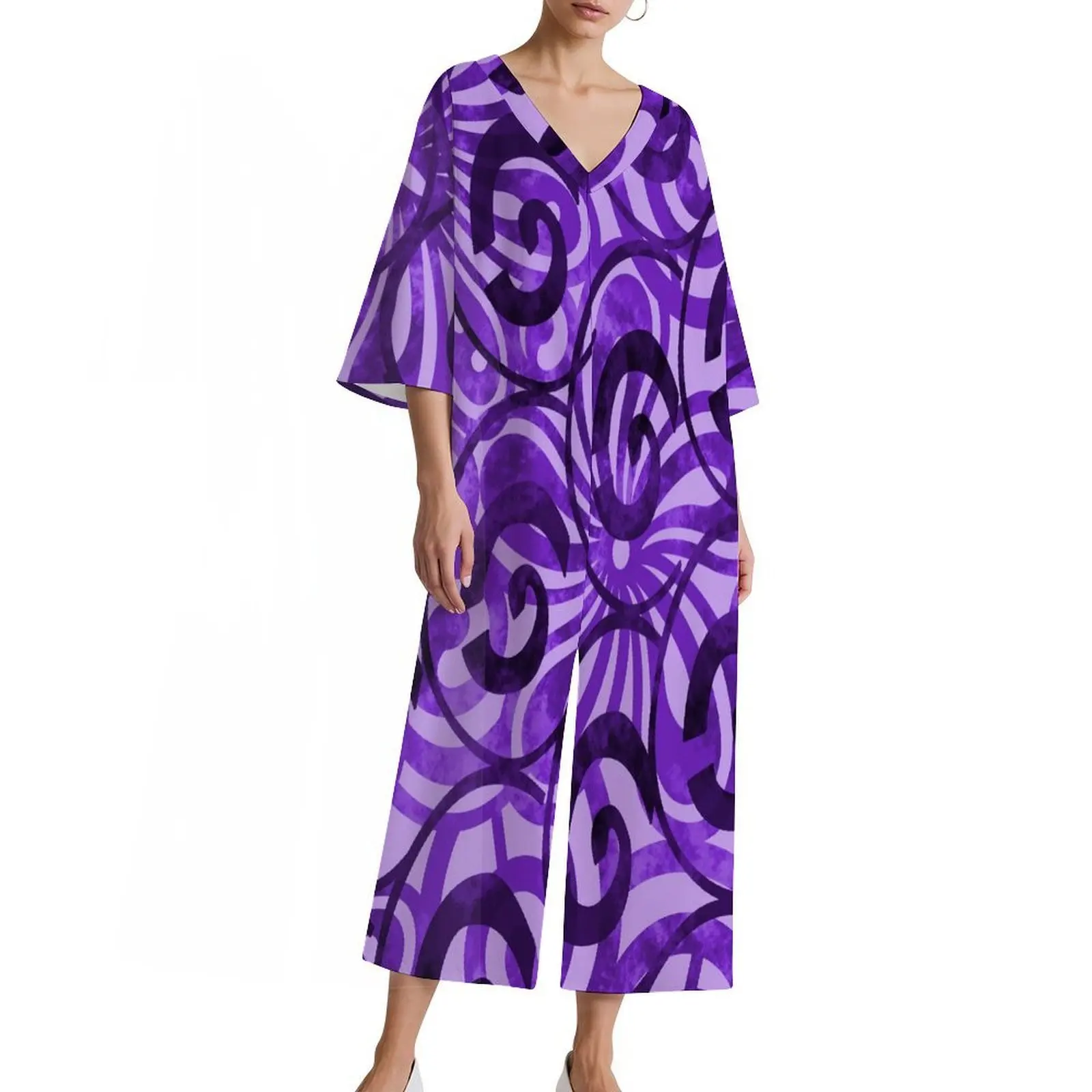

Newly Designed Polynesian Samoan Island High-Definition Printed Women'S V-Neck Short-Sleeved Jumpsuit Casual Home Wide-Leg Pants