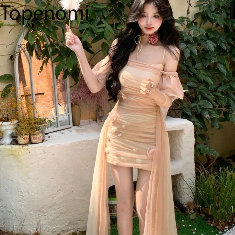 Topenomi Sexy Suspender Short Evening Party Dresses Women Temperament Waist Ribbon 3D Flower Folds Slim Prom Dress Birthday Gown