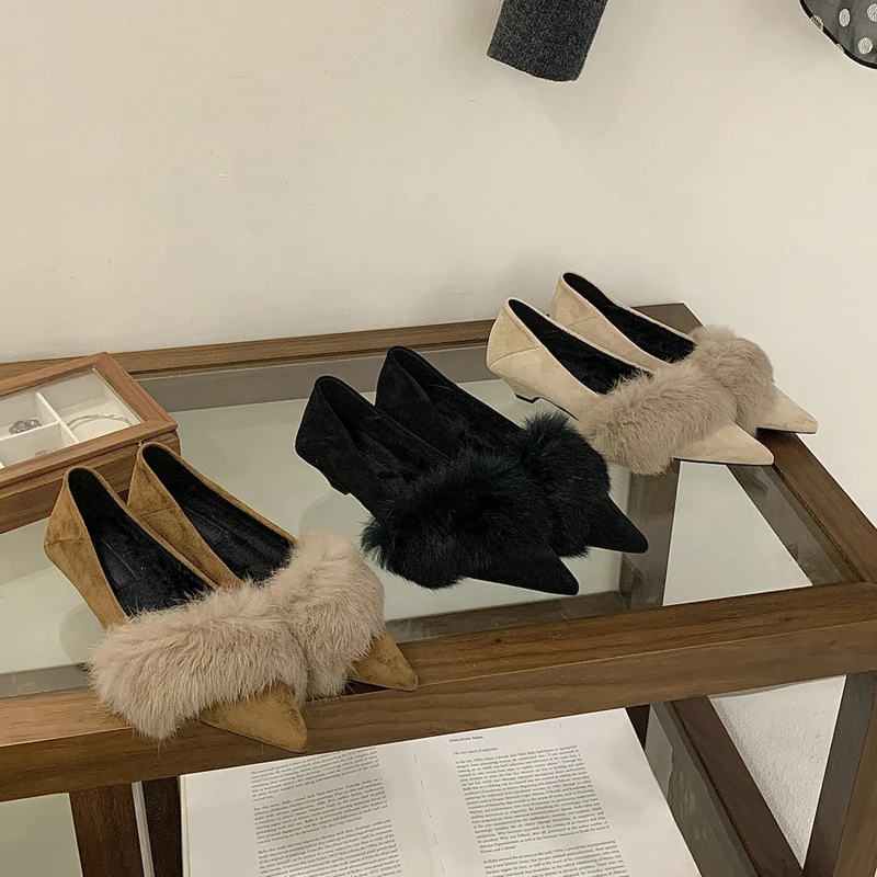 

Shoes woman heels rabbit fur pump winter warm pointed toe sandals slip on shallow slides heel mules fashion black brown apricot