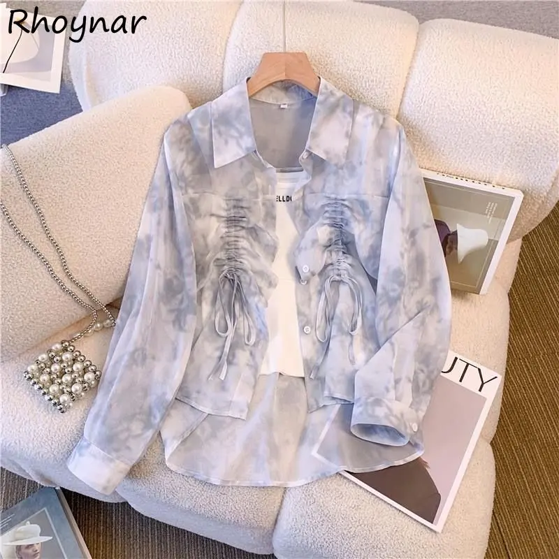 

Женские рубашки с принтом Tie Dye, тонкие винтажные летние солнцезащитные рубашки во французском стиле, дышащие, для отпуска, для офиса