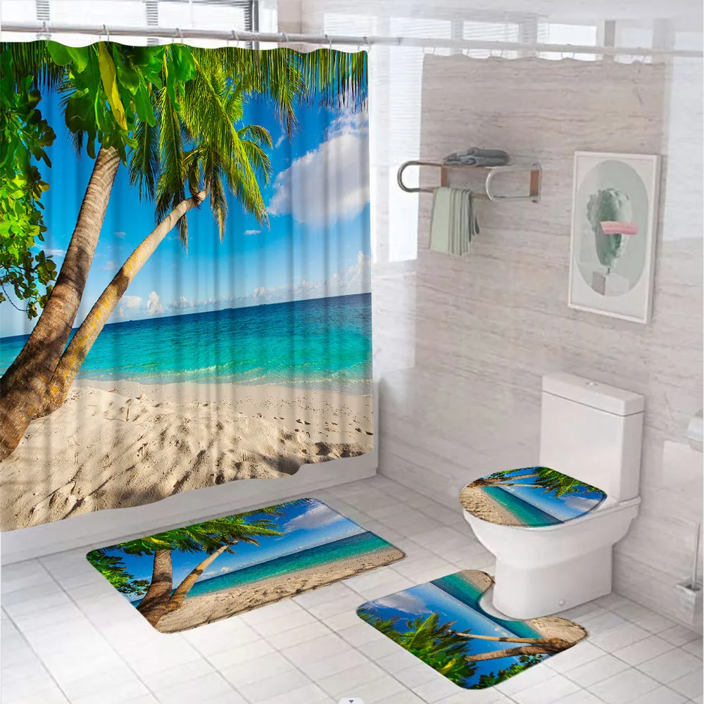 

Ocean Bathroom Shower Curtain Set Palm Tree Beach Summer Seaside Tropical Coastal Landscape Rug Bath Mat Carpet Toilet Lid Cover