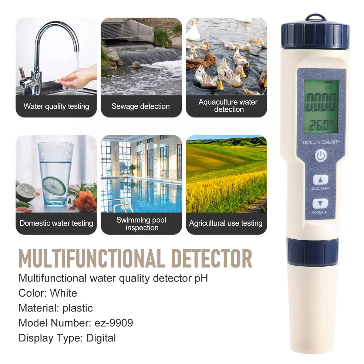 Medidor de qualidade da água digital, monitor testador para piscinas, água potável, aquários, TDS, CE, PH, salinidade, temperatura, 5 em 1