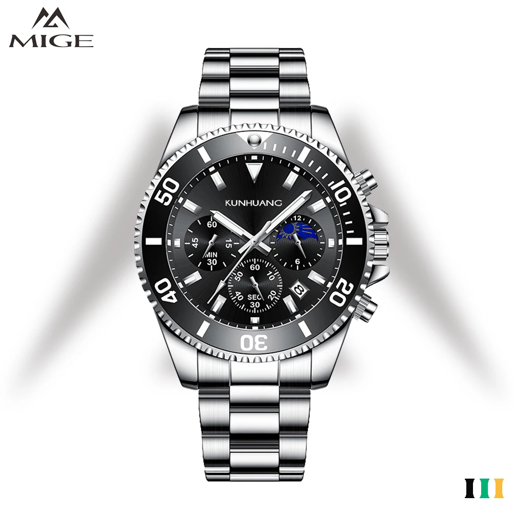 

MIGE Quartz Watch For Man New In Stainless Steel Calendar Moon Phase Waterproof Dive Sport Man‘s Wristwatch’